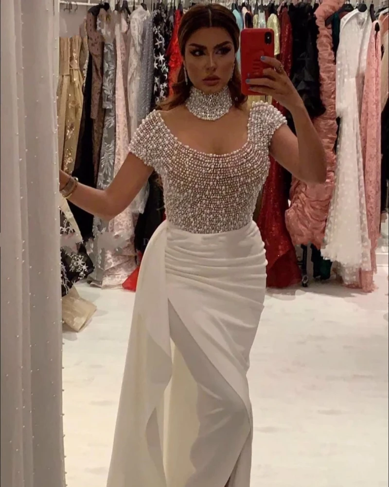 Vestido De noche De caftán árabe con perlas blancas, manga corta, cuello alto, Dubai, Formal, largo, para baile De graduación, 2022