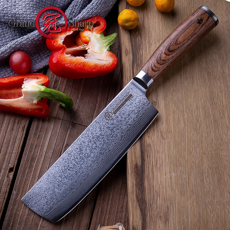 GRANDSHARP Damascus Kitchen Knives Japanese Nakiri Knife Japan Damascus Steel Vegetables Tool Stainless Steel Chef Cooking