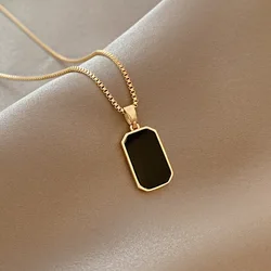 Black square Natural Shell Pendant Necklace for Women Stainless Steel Metal Choker Necklace Gift