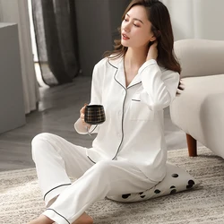 Pyjama en coton fin pour femme, manches longues, ensemble de vêtements de nuit boutonnés, blanc, hiver