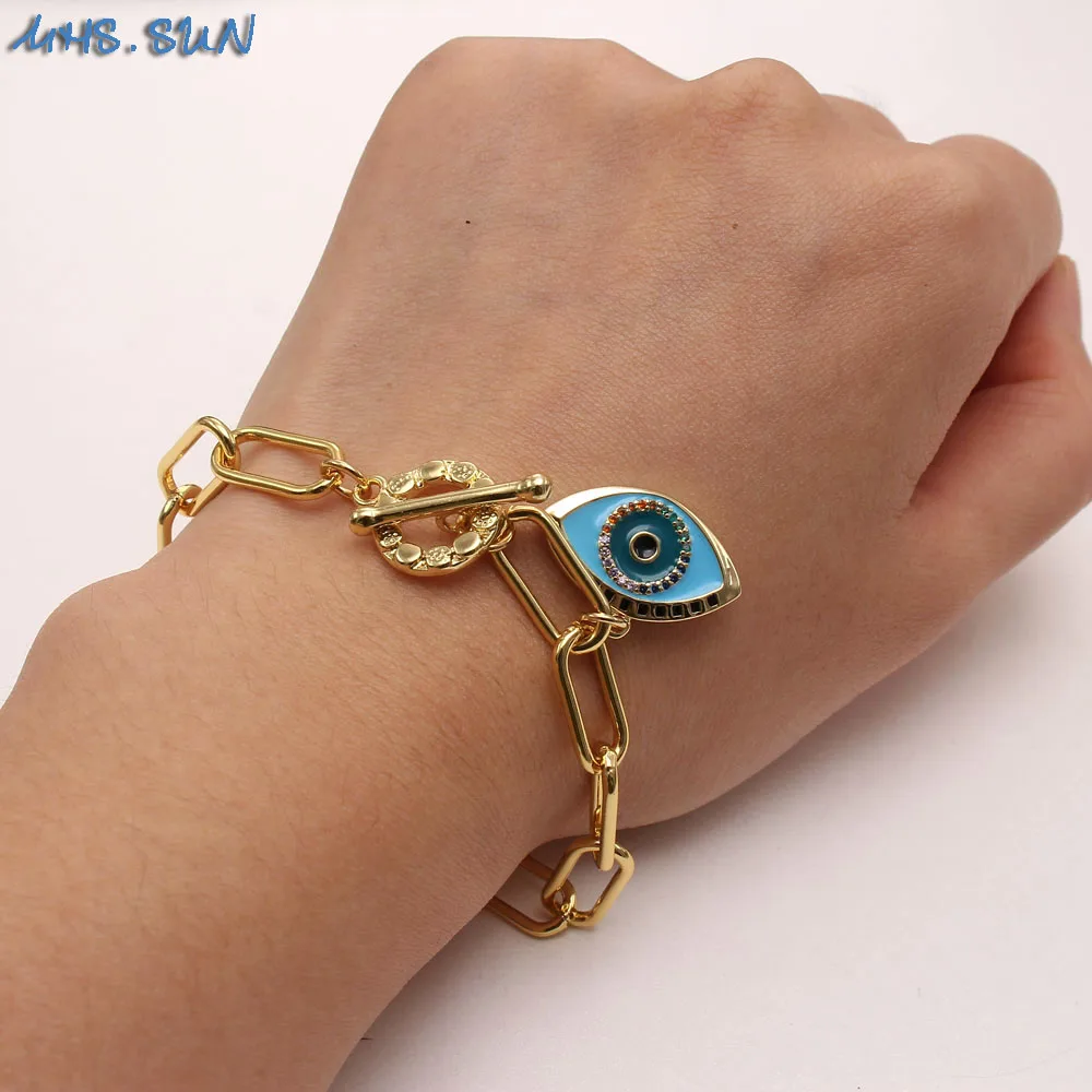 MHS.SUN 1PC Lucky Eye Pendant Bracelets Charm AAA Zircon Jewelry For Women Chunky Chain Bangles Men Hiphop Bangles Party Gifts