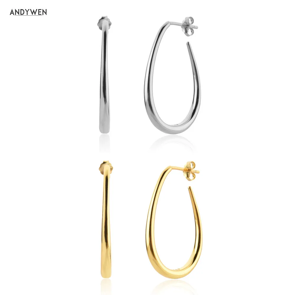 ANDYWEN New 925 Sterling Silver Gold Slim Big Ovals Hoops Piercing Circles Earrings Women Clips Luxury Jewelry Fine Loops