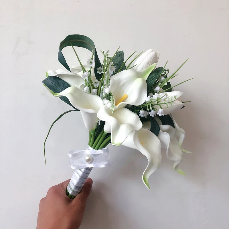 Bouquet de Patients Fleur Artificielle au Toucher Réel PU, Lys Calla Blanc, Petite Fleur de Demoiselle d'Honneur, Décoration de Mariage pour Fille