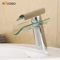 ROVOGO Waterfall Basin Faucet Chrome Finish, Single Handle Lever Deck Mount Bathroom Sink Cold Hot Mixer Tap for Lavatory Crane