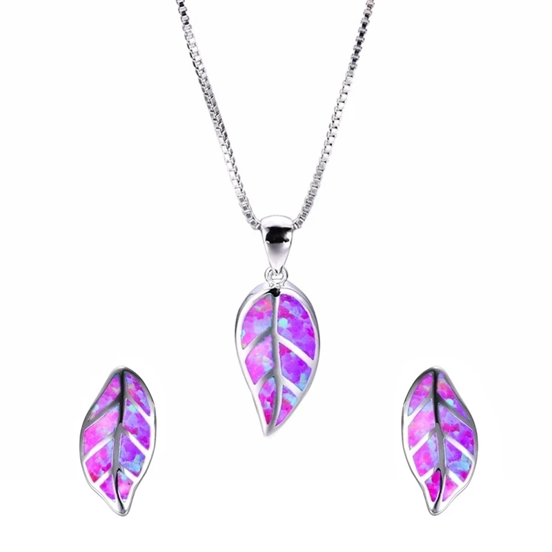 Fashion Leaves Design Jewelry Set Blue Imitation Fire Opal Pendant Necklace With Earrings For Women Accessories Party Loves Gift