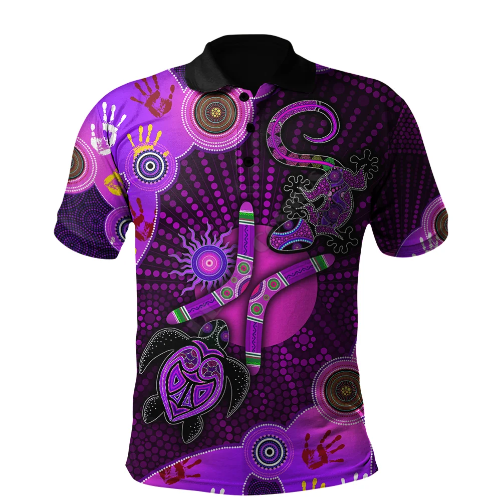 Aboriginal Naidoc Week 2021 Purple Turtle Lizard Sun Polo 3D Printed Polo Shirt Men Women Short Sleeve Summer T-shirt