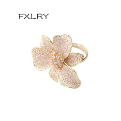 FXLRY New Design Fashion Golden Color Cubic Zirconia Big Flower Open Ring For Women Wedding Bride Jewelry