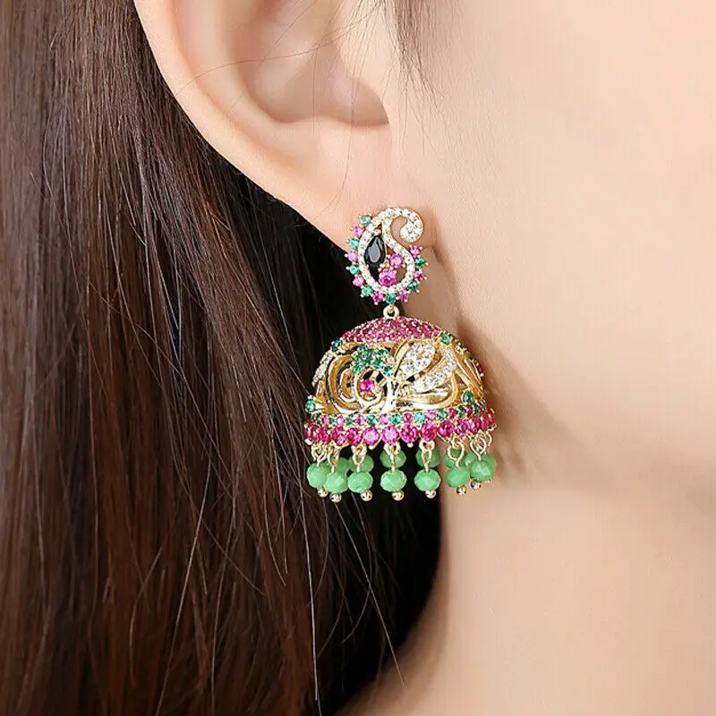 Retro Indian Jhumka Earrings Ethnic Gypsy Beads Bells Drop Earrings For Women Rhinestone Crystal Jhumki Bride Jewelry Party Gift