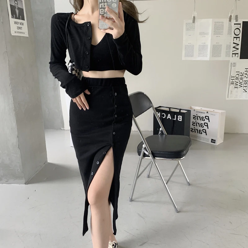 Women Korean Style Vintage Casual Long Sleeve Button Crop Short Tops Cardigan Coat High Waist Skirt Female Chic 2 Pieces Set