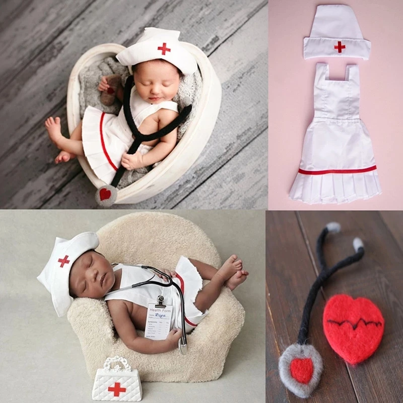 2021 Newborn Photography Props Baby Girl Doctor Nurse Clothing Handmade Wool Stethoscope Set  Accessories Studio Shooting Photo