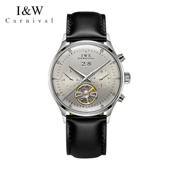 2024 New Grey Dial Tourbillon Watch Switzerland I&W Travel Time Wrist Watch Men Leather Waterproof Automatic Watches for Men