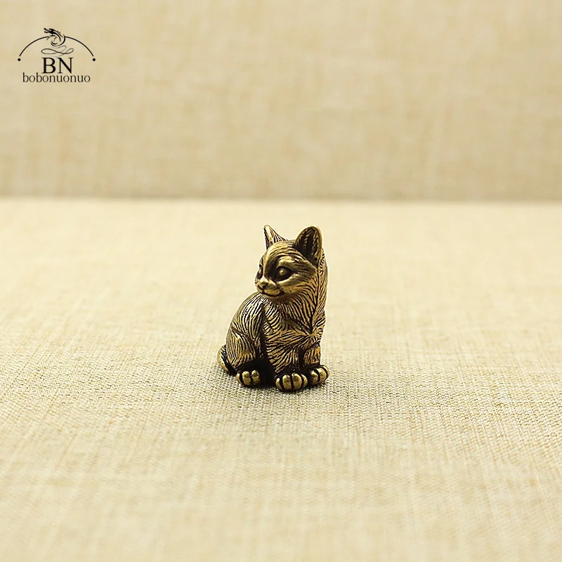 Available Brass Cute Cats Figurines Miniatures Desktop Ornaments Classical Small Animal Tea Pet Home Decors Accessories