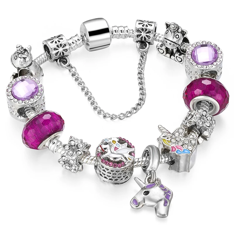 2020 New Beaded Women's Pandora Style Bracelet Unicorn Pendant Purple Bracelet Unicorn Charm Beaded DIY Bracelet