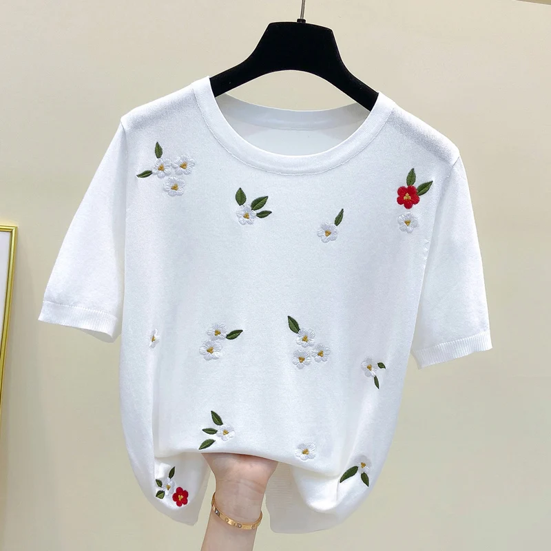 M-4X size embroidery women sweater pullover 2021 short sleeve o neck flower kintting female whine t-shirt thin jumper