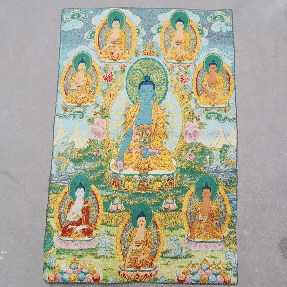 

35"Thangka Embroidery Tibetan Buddhism silk Embroidery brocade Nepal Bhaisajyaguru Medicine Buddha 8 Shakyamuni Thangkas