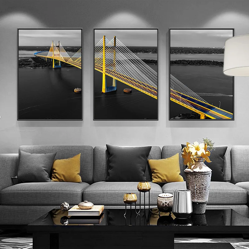 Golden Building Bridge Nordic Posters and Prints Wall Picture for Living Room Home Decor Wall Art Canvas Painting City Landscape