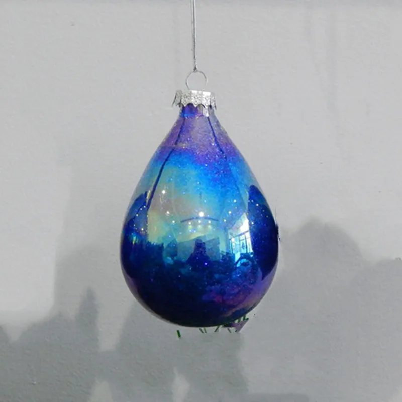 12pcs/pack 7*12cm Small Size Pearl Lustre Inner Blue Powder Drop Shaped Glass Pendant Christmas Tree Hanging Decorative