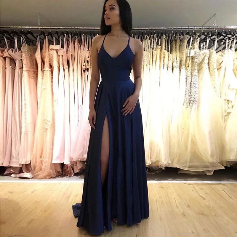 Simple Long Evening Dress Light Sky Blue Satin Vestido De Noite Crisscross Back Women Occasion Formal Evening Party Gowns