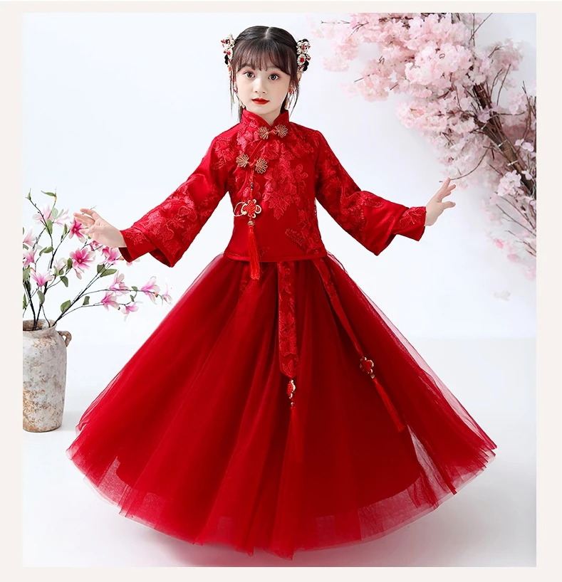 Red Chinese Girls Elegant Princess Lace Dress Toddler Party Dress Girls Dress Princess Holiday New Year Dresses For Baby Girls