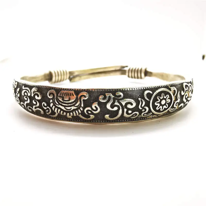 Tibetan Lucky Eight Auspicious Amulet Symbols Adjustable Bangle Traditional Miao Ethnic Jewelry BB-004