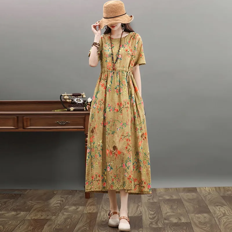 Women Summer Cotton Linen Casual Dress New Arrival 2021 Vintage Style Floral Print Loose Ladies Elegant A-line Long Dresses B301