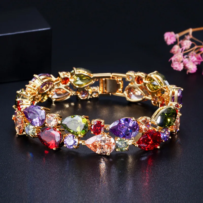 CWWZircons Luxury Yellow Gold Plated My Mona Lisa Multicolor CZ stones Big Wide Crystal Charm Bracelet Bangle for Women CB017