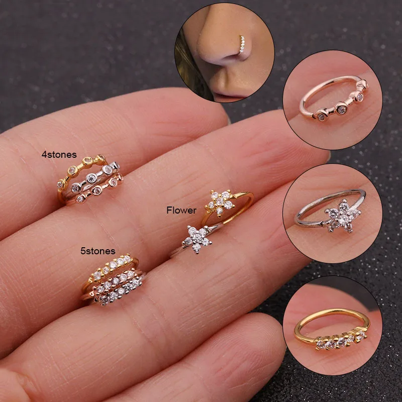 1PC Gold Color Piercing Body Jewelry Cz Nose Hoop Nostril Ring Tiny Crystal Zircon Flower Star Helix Cartilage Tragus Earring