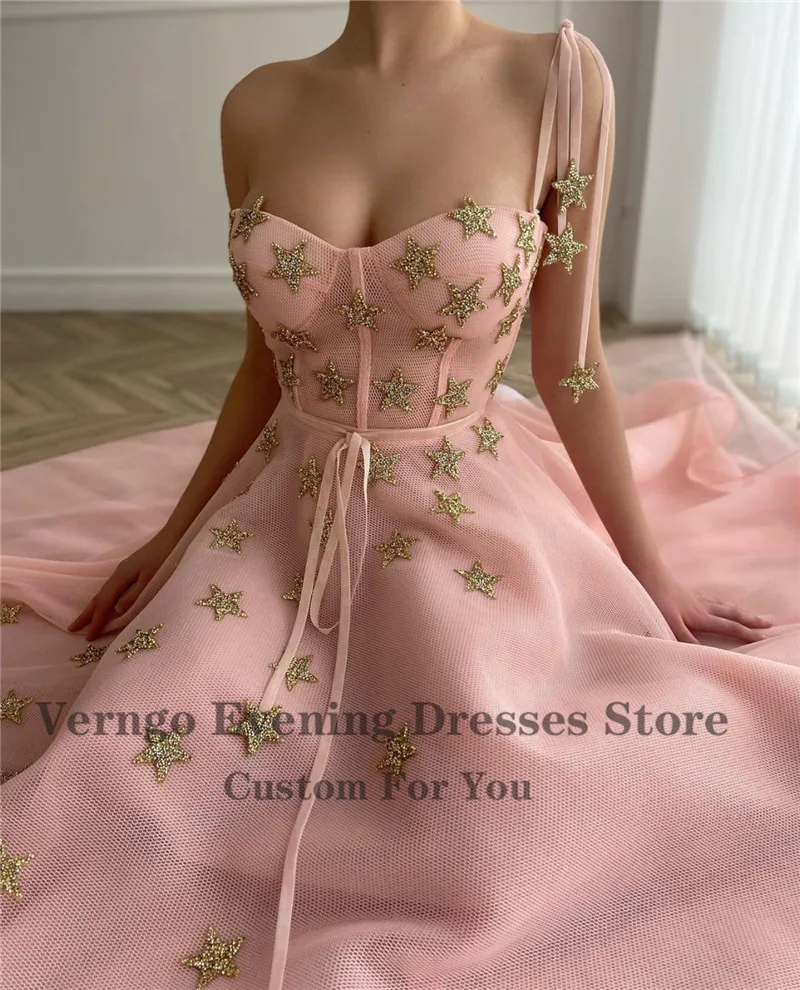 Verngo 2021 Pink A Line Short Prom Dresses With Gold Stars One Straps Pockets Party Evening Gowns Tea Length Formal Event Dress