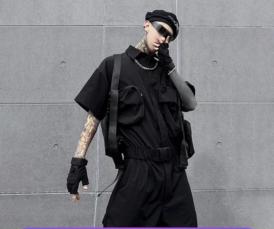 

Black High Street coveralls men INS multi-pocket functional coveralls slacks hip hip hip Siamese suits