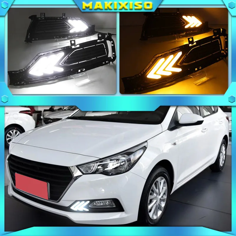 2pcs For Hyundai verna RV 2016-2018 LED DRL daytime running light with dim control yellow turn signal blue night light