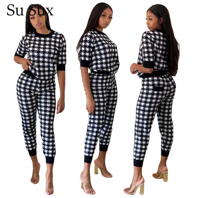 

Plaid Two Piece Set Women Bodycon Outfits Casual Tracksuit O-Neck Short Sleeve Crop Top&Pencil Pants Set Vestidos 2020 Autumn