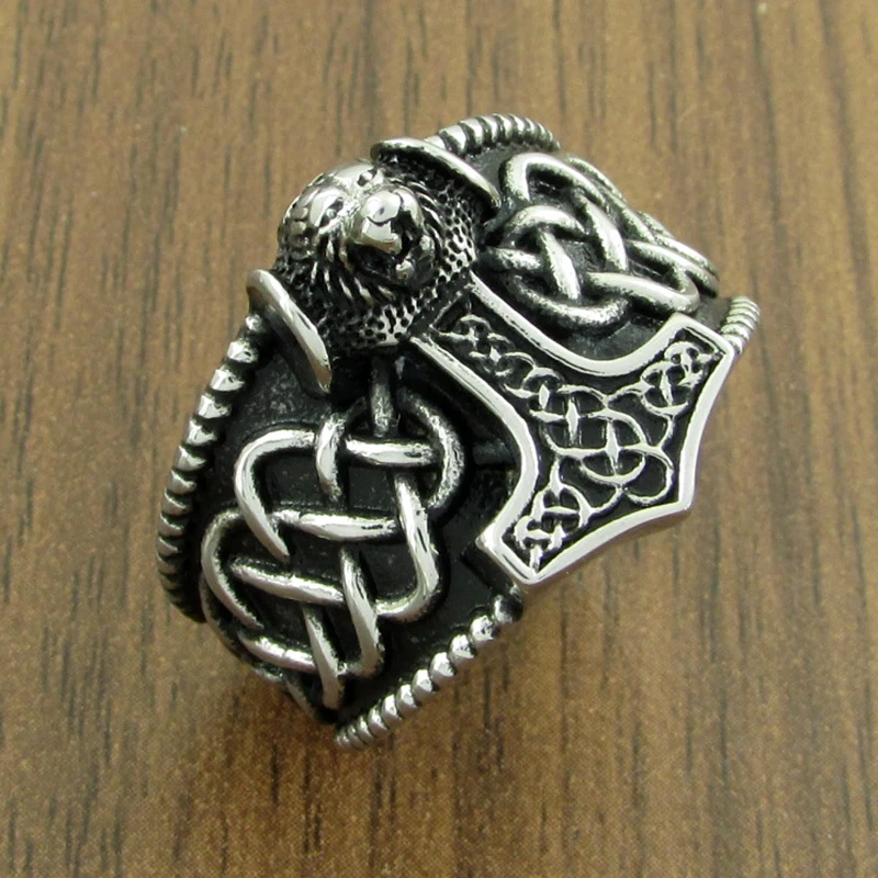 Gothic Silver Color 316L Stainless Steel Viking  Thor Hammer Celtics Knot Ring Men\'s Nordic Lion Mjolnir Rings
