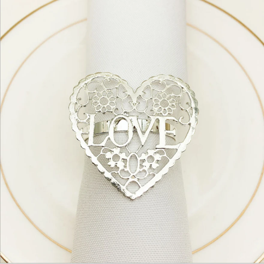 10pcs/lot Hot sale napkin ring heart-shaped hollow napkin buckle golden napkin ring wedding Valentine’s day table decoration