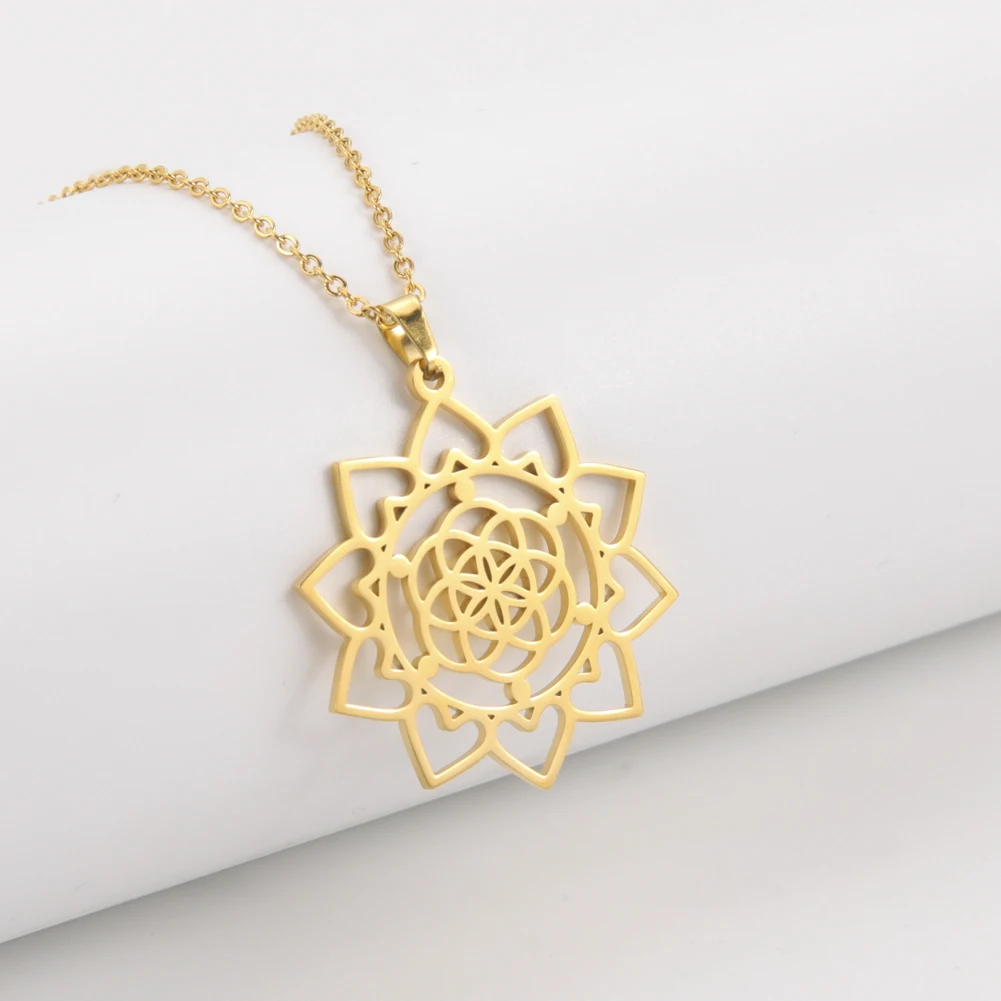 COOLTIME Seeds Flower of Life Pendant Necklace for Women Jewelry Stainless Steel Buddhist Chakra Necklace Geometric Choker Gift