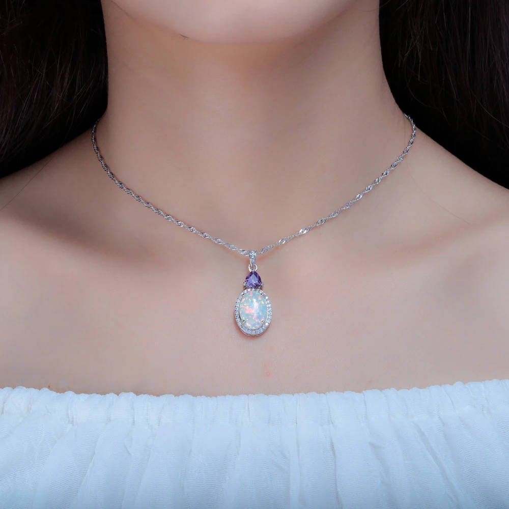 CiNily White Fire Opal Stone Necklace Silver Plated Chain Pink Purple Zircon Crystal Filled Pendant Charm Summer Jewelry Female