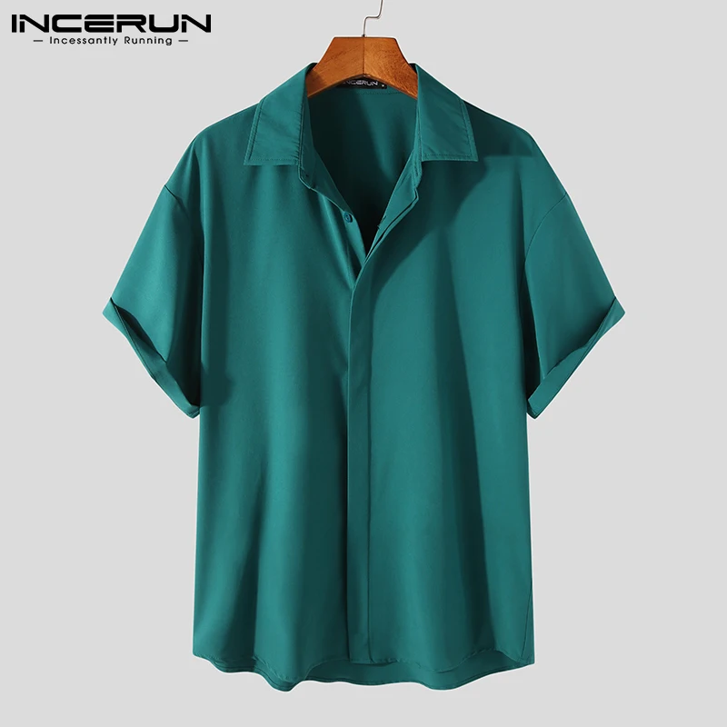 INCERUN Solid Color Men Shirt Lapel Short Sleeve Button Casual Shirts Streetwear Fashion Korean Style Leisure Men Clothing 2023