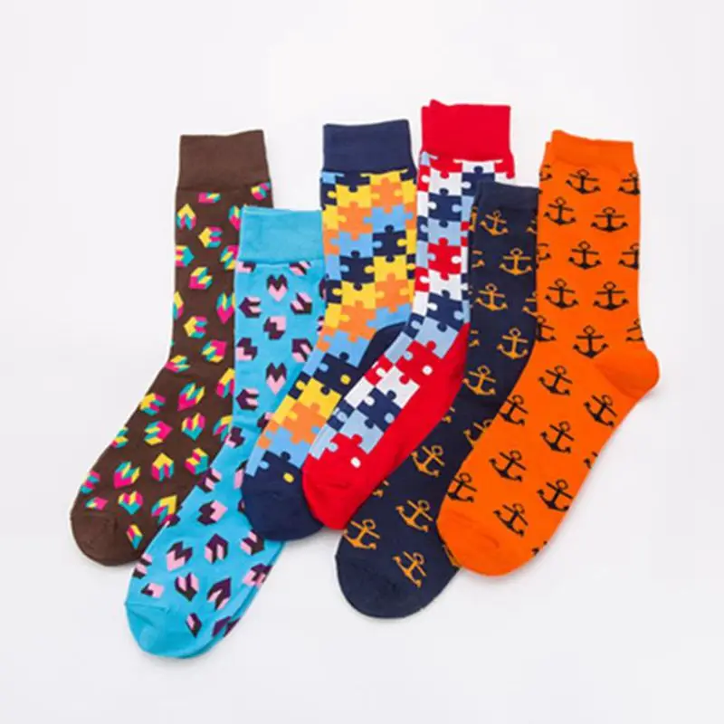 Fashion Color Men's socks Classic Lovely Geometric Puzzle Happy Sailing Anchor Pattern Unisex Suitable AutumnLovers Cotton Socks