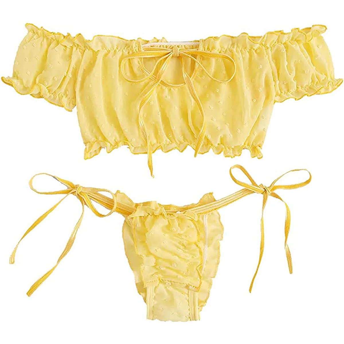 Conjunto de Bikini con hombros descubiertos y cordones para mujer, traje de baño informal de manga corta, ropa de playa, lencería Sexy, 2 uds.