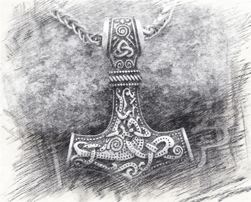 Punk Edelstahl Nordische Wikinger Amulett Anhänger Kette Odins Goldfarbener Thors Hammer Halsketten Herren Ethno-Schmuck Geschenke – Detail 1