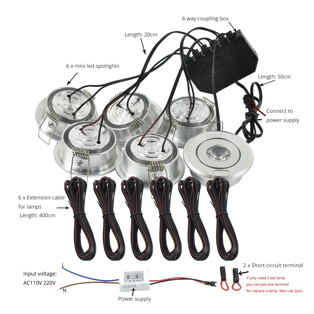 1W x 6 sztuk Mini LED Spot oprawy typu downlight zestaw Lamp oprawa sufitowa do wbudowania 40mm otwór srebrzysty czarny biały 4m długi przewód