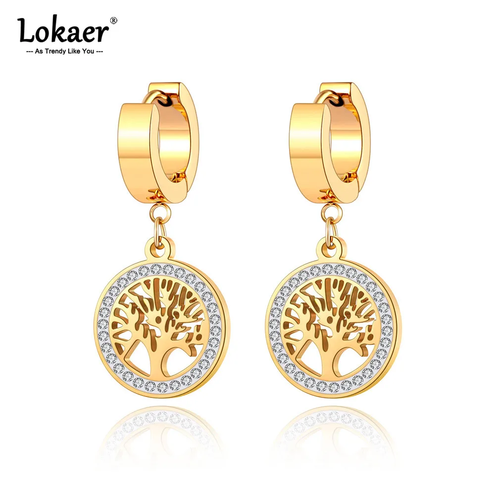 Lokaer, pendientes de aro bohemios de acero inoxidable y titanio a la moda para fiesta, pendientes de árbol de cristal CZ, joyería para mujer y niña,ьги E21029