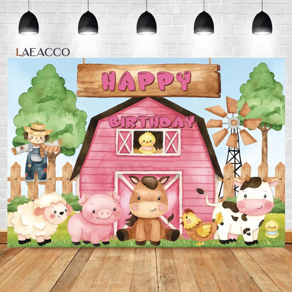 Laeacco Cartoon Bauernhof Geburtstag Hintergrund Rosa Scheune Nette Tiere Scarecrow Kinder Kind Portriat Angepasst Fotografie Hintergrund