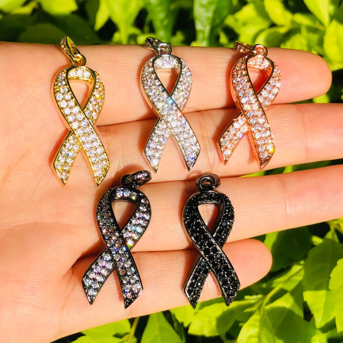 5pcs Breast Cancer Awareness Pink Ribbon Charms for Women Bracelet Necklace Making Gold-Plated Brass Jewelry Accessory Wholesale