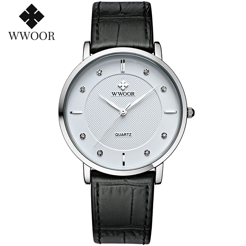 WWOOR Diamond Mens Watches Top Brand Luxury Ultra Thin Wristwatch Waterproof Leather Quartz Male Clock Clearance Price Sale xfcs