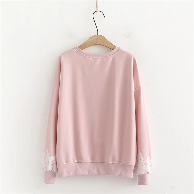 Harajuku Fashion Kawaii Cat Pink Hoodies Women Crewneck Anime Print Sweatshirt Girls Pullover Female Cute Long Sleeve White Tops