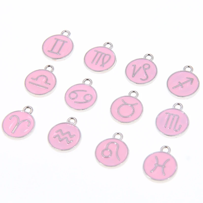 12 Pcs/Set  Metal Alloy Pink Enamel Zodiac Signs Charms Pendant Diy Hand Made Jewelry Accessories