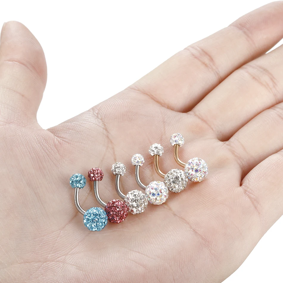 1PC Steel Double Side Belly Piercing Rings Epoxy CZ Crystal Disco Ball Belly Button Rings Navel Piercing Sexy Women Jewelry 14G