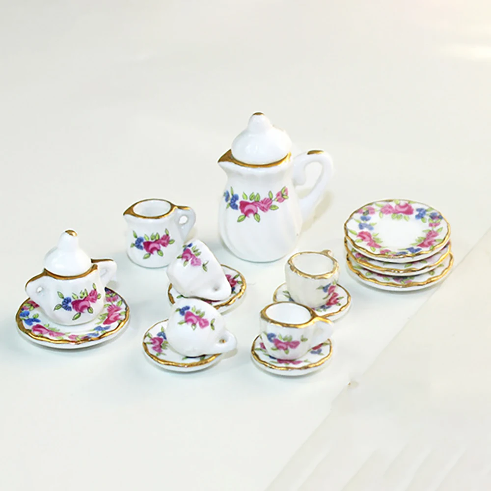 15Pcs 1/12 Dollhouse Miniature Accessories Mini Ceramics Tea Set Simulation Kettle Plate Cup Model Toys Doll House Decoration