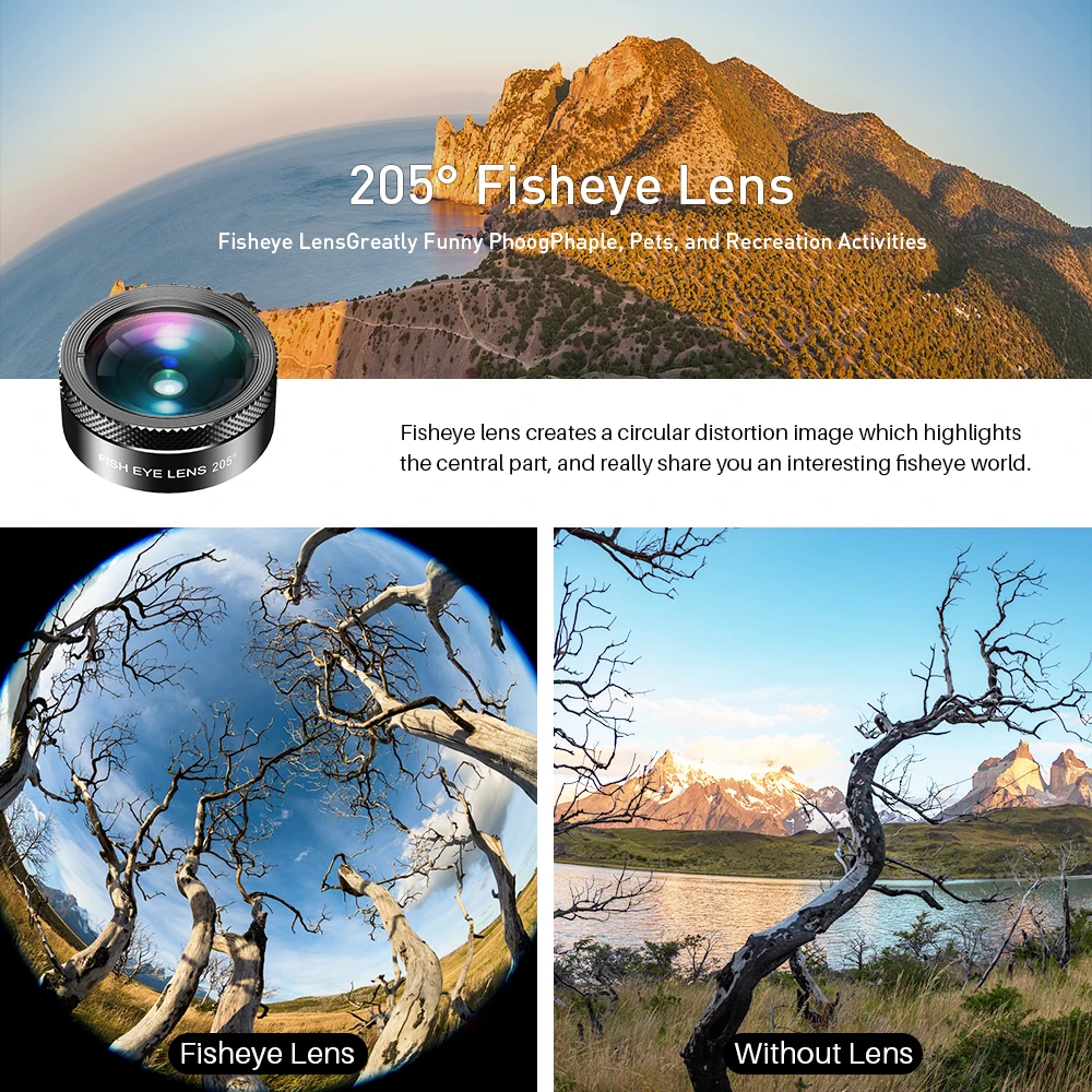 APEXEL New Phone Camera Lens Kit 6 in 1 Fish Eye Lens 205 Degree Wide Angle 25X Macro Lens CPL/Star ND32 Filter for Smartphones