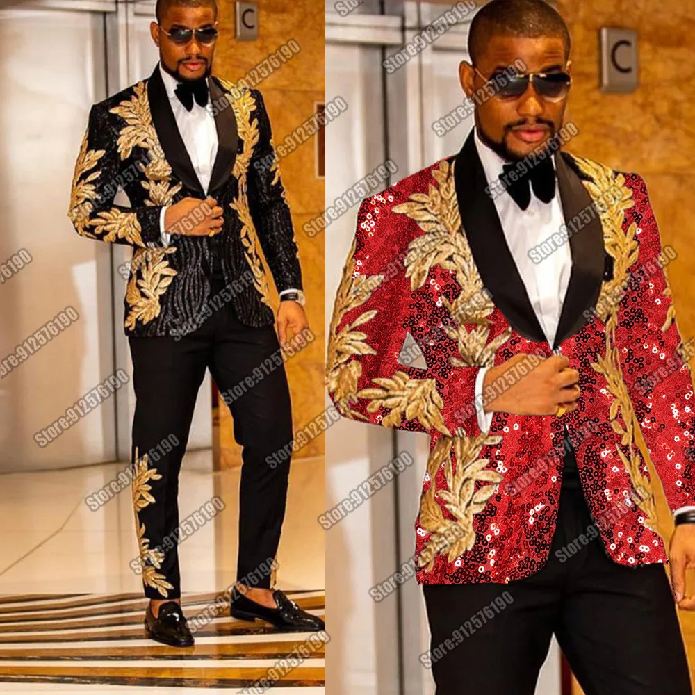 Black/Red/Blue Wedding Tuxedos Shinny Sequined Gold Appliques Jacket With Pants 2 Pieces Men Suits Slim Fit Trajes De Hombre